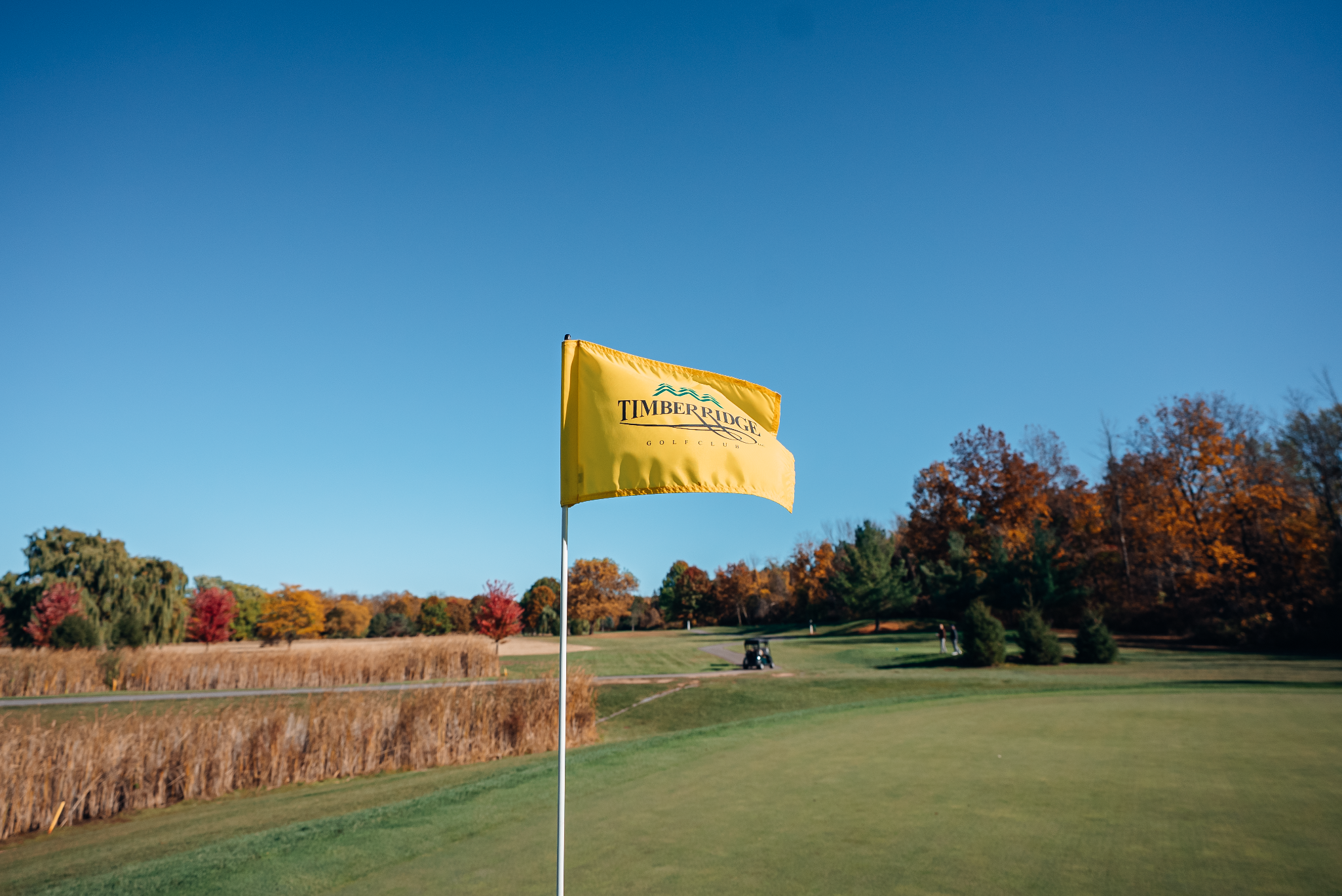 A yellow flag marking a hole on a golf course. The flag indicates the location of the hole.