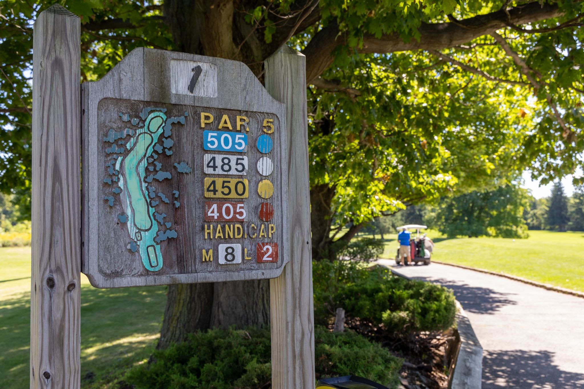 A wooden golf course sign with hole information. A golf cart on a path.